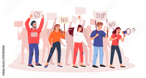 Protesting people at a rally, parade or political meeting. A crowd of angry people with placards and a megaphone is protesting. Protest. Flat vector illustration.