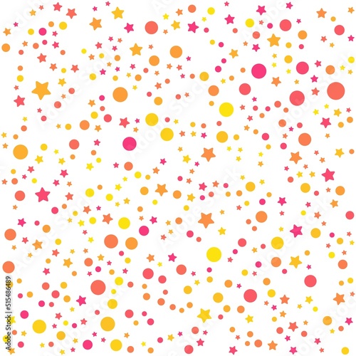 Pink, yellow, and orange stars and circles pattern on the white background. Vector illustration. 