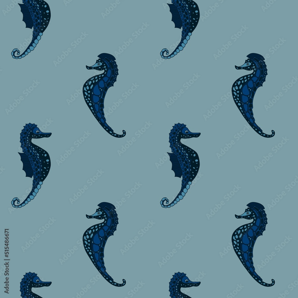 Seamless pattern with seahorses on a gray background. Seahorse hand painted. Nautical illustration for design, print and background. Seamless pattern with seahorses on a gray background. Seahorse hand painted. Nautical illustration for design, print and background.