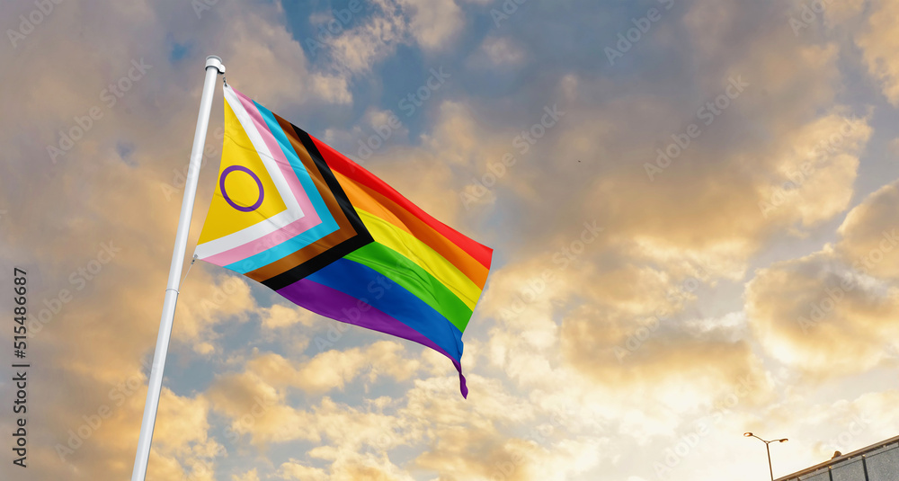 New Progress Lgbtq Rainbow Flag With Black And Grey Asexual Stripes Waving In Wind At Cloudy Sky 