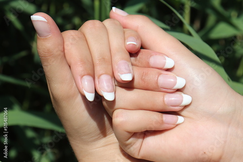 paired manicure male and female hands with French manicure on a green background of nature photo