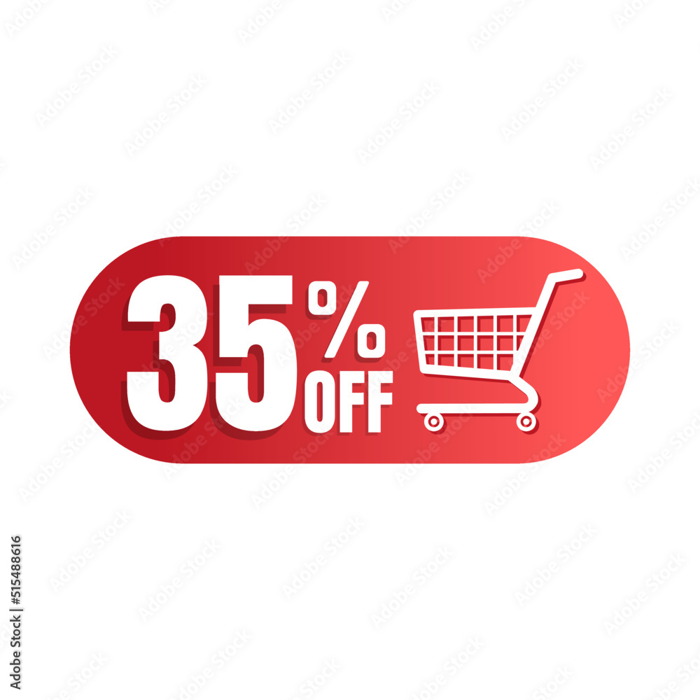 35% off, shopping cart icon, Super discount sale, design in 3D red vector illustration. Thirty-five 35% off, shopping cart icon, Super discount sale, design in 3D red vector illustration. Thirty-five