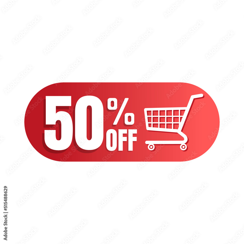 50% off, shopping cart icon, Super discount sale, design in 3D red vector illustration. Fifty 50% off, shopping cart icon, Super discount sale, design in 3D red vector illustration. Fifty