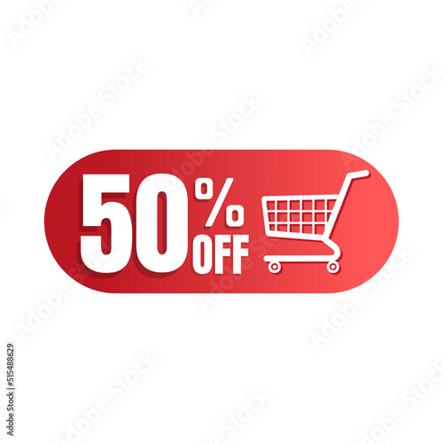 50% off, shopping cart icon, Super discount sale, design in 3D red vector illustration. Fifty 