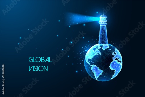 Concept of global vision with planet Earth globe and lighthouse in futuristic glowing style on blue