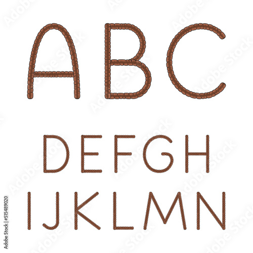 Font, alphabet, letters from dreadlocks from A to N. Isolated vector objects on a white background.