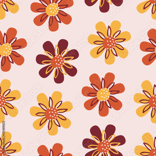 Daisies, yellow flowers, spring. Seamless pattern, botanical, colorful and beautiful illustration print. Surface design, background texture. Ideal for fabrics and wrapping paper. Pastel colors