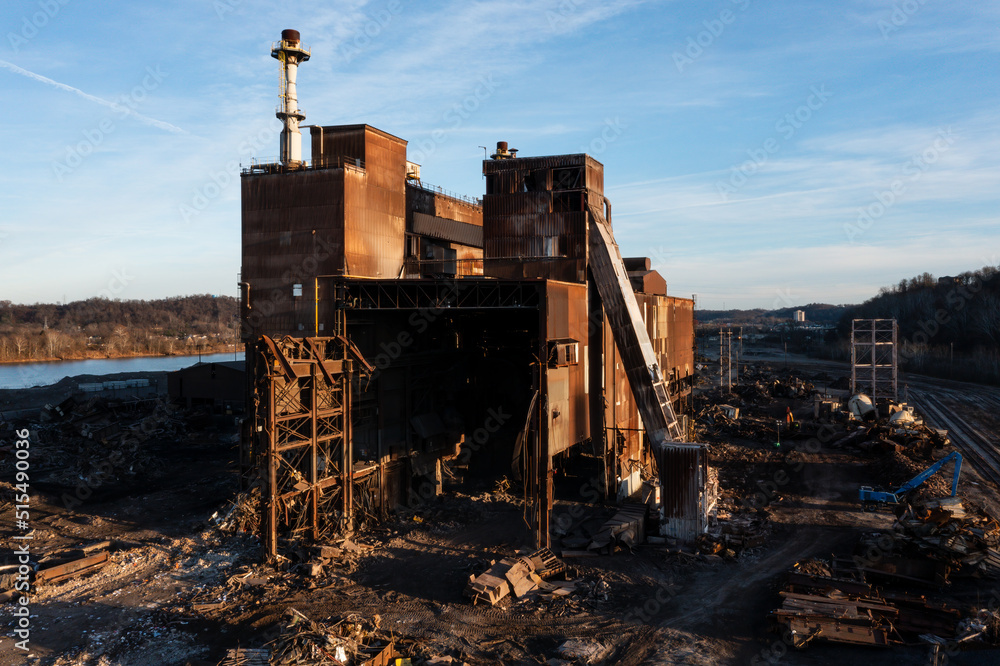 Aerial of Rusted and Basic Oxygen Furnace and Caster Undergoing Demolition at Sunset - Abandoned Armco Steel / AK Steel Ashland Works - Russell and Ashland, Kentucky Aerial of Rusted and Basic Oxygen Furnace and Caster Undergoing Demolition at Sunset - Abandoned Armco Steel / AK Steel Ashland Works - Russell and Ashland, Kentucky