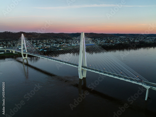 Aerial of Oakley Clark Collins Memorial Bridge at Sunset - Cable-Stayed Suspension - Still Waters of the Ohio River - Russell, Kentucky and Ironton, Ohio © Sherman Cahal