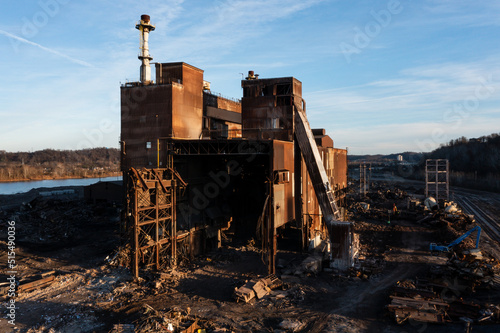 Aerial of Rusted and Basic Oxygen Furnace and Caster Undergoing Demolition at Sunset - Abandoned Armco Steel / AK Steel Ashland Works - Russell and Ashland, Kentucky