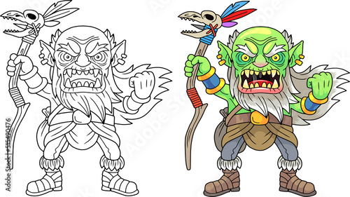 cartoon fantasy orc shaman, coloring book, funny illustration