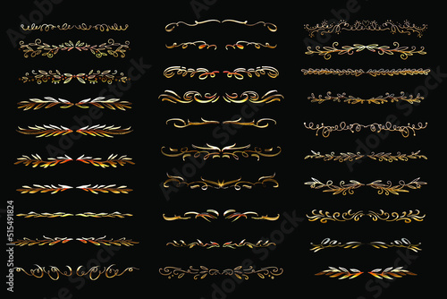 Golden Calligraphic Dividers 1920s Style Graphic Elements Set. Hand Drawn Classical Filigree Brush Strokes Collection.