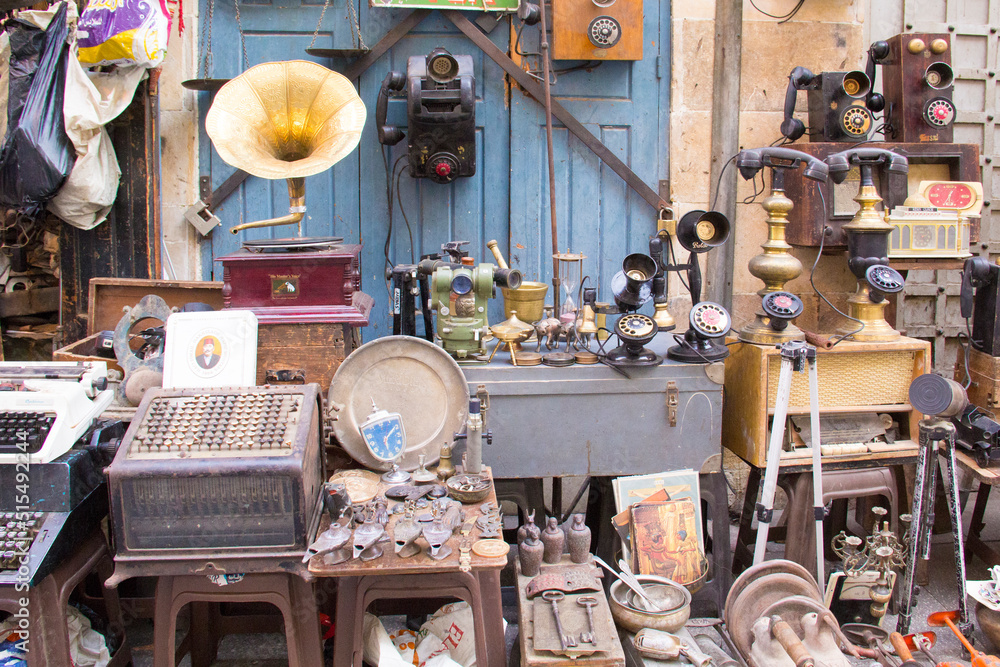 Sale of antiques at the famous Khan el-Khalili market in Old Cairo
