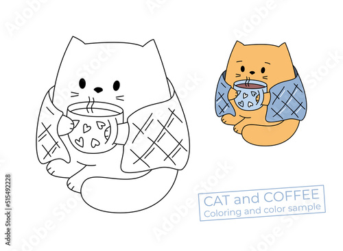 A cat in a plaid with a cup of coffee. A picture for coloring with a color template.