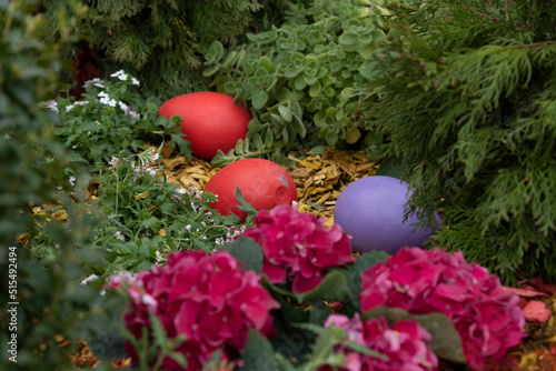 Colorful Easter eggs lies on the ground by green bushes and blooming flowers. Selective focus. Easter holiday decortions theme. photo