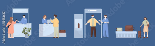 People in airport flat color icons set of pilot stewardess tourists with travel bags at checkpoint and security screening. Passport control, luggage, security, check. Isolated vector illustration