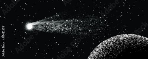 Star and planet in space. Futuristic landscape, with noise texture . Night landscape with starry sky .Vector illustration
