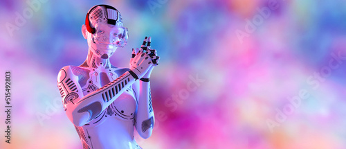 Woman robot in virtual reality glasses.