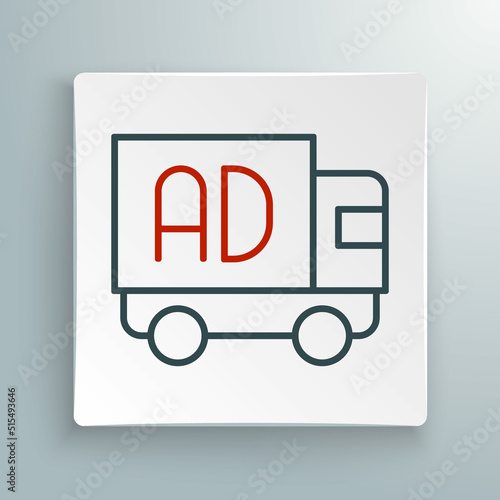 Line Advertising on truck icon isolated on white background. Concept of marketing and promotion process. Responsive ads. Social media advertising. Colorful outline concept. Vector