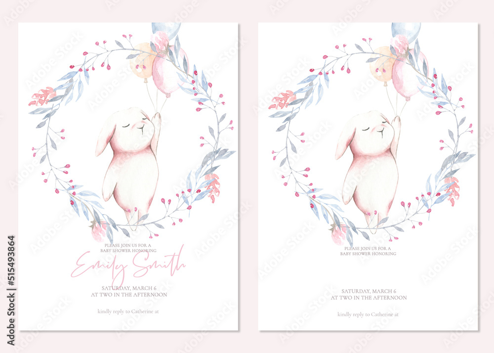 Fototapeta premium Cute watercolor frame flying bunny balloon illustration,baby shower invitation, boho woodland card design for kids, greeting card, poster, frame art, printable, birthday party,it's a boy, sticker, diy