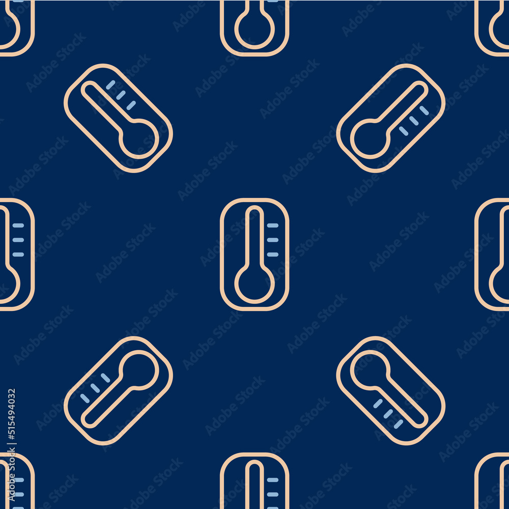 Line Meteorology thermometer measuring heat and cold icon isolated seamless pattern on blue background. Thermometer equipment showing hot or cold weather. Vector Line Meteorology thermometer measuring heat and cold icon isolated seamless pattern on blue background. Thermometer equipment showing hot or cold weather. Vector