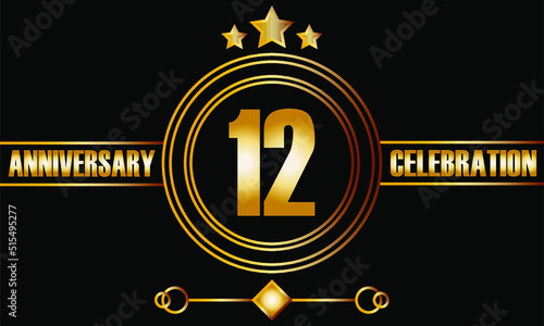 12 anniversary celebration. Twelve years birthday celebration banner with bright gold color.