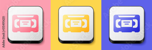 Isometric VHS video cassette tape icon isolated on pink, yellow and blue background. Square button. Vector