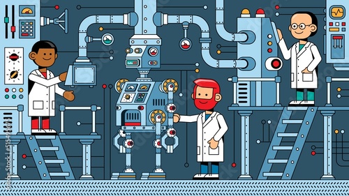 Scientists in the laboratory repair and adjust the robot. Vector cartoon illustration.