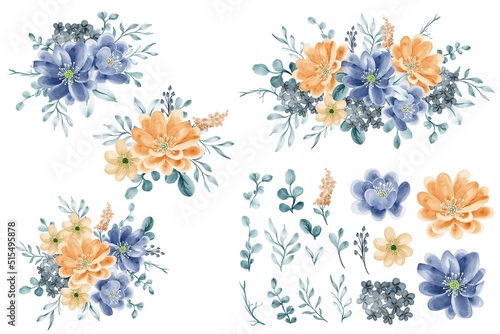 flower arrangement orange blue, with flower and leaves isolated clip-art