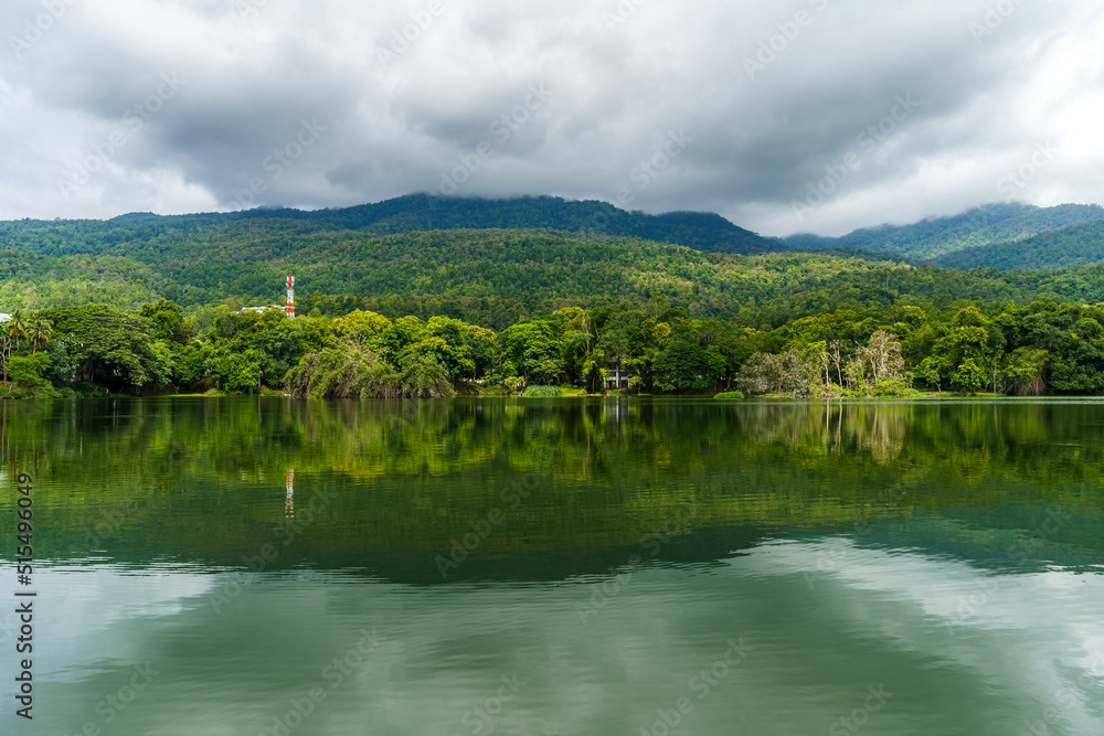 a public place leisure travel landscape lake views at Ang Kaew Chiang Mai University and Doi Suthep nature forest Mountain views spring cloudy sky background with white cloud. a public place leisure travel landscape lake views at Ang Kaew Chiang Mai University and Doi Suthep nature forest Mountain views spring cloudy sky background with white cloud.