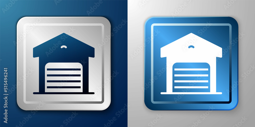 White Warehouse icon isolated on blue and grey background. Silver and blue square button. Vector White Warehouse icon isolated on blue and grey background. Silver and blue square button. Vector