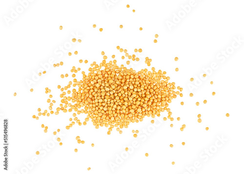 Pile of yellow mustard seeds isolated on a white background, top view.