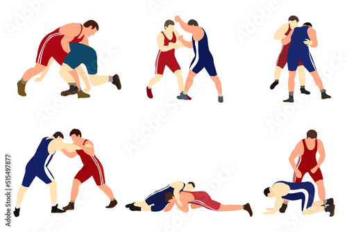 Vector collection of athletes wrestlers in wrestling  duel  fight. Greco Roman  freestyle  classical wrestling.