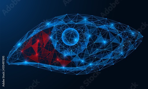 Inflammation of the mucous membrane of the eye. The reddened part and healthy. Low-poly design of interconnected lines and dots. Blue background.