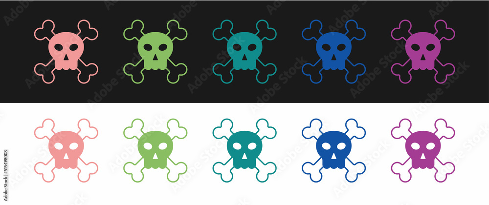 Obraz premium Set Skull on crossbones icon isolated on black and white background. Happy Halloween party. Vector