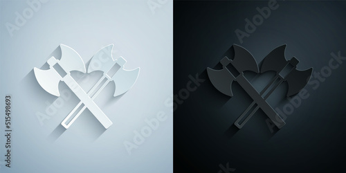 Paper cut Crossed medieval axes icon isolated on grey and black background. Battle axe, executioner axe. Medieval weapon. Paper art style. Vector