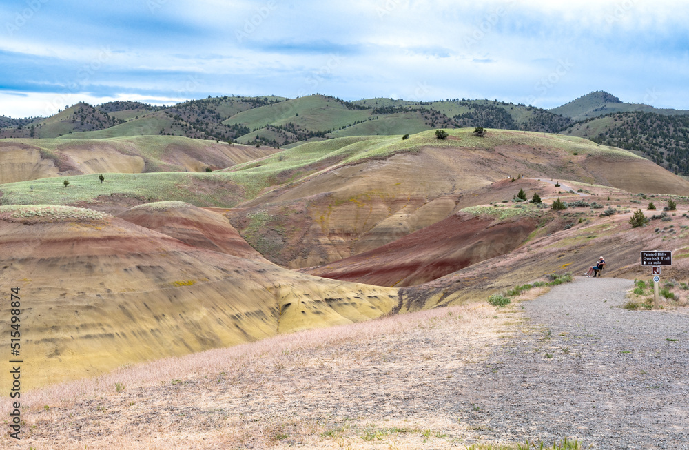 Scenic view of the painted hills with a gravel trail in Oregon, United States.