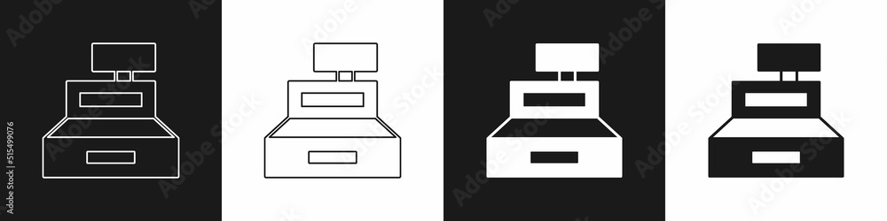 Set Cash register machine with a check icon isolated on black and white background. Cashier sign. Cashbox symbol. Vector Set Cash register machine with a check icon isolated on black and white background. Cashier sign. Cashbox symbol. Vector