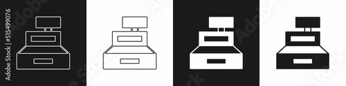Set Cash register machine with a check icon isolated on black and white background. Cashier sign. Cashbox symbol. Vector