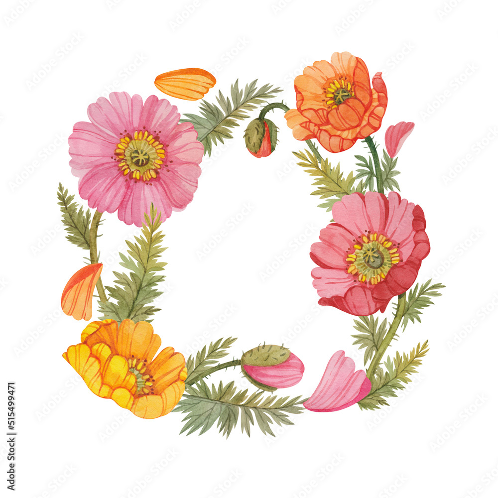 Floral frame with poppies painted in watercolor and isolated on a white background. Template for postcards, posters, invitations, greetings, forms, flyers and more.