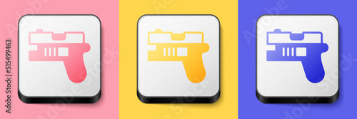 Isometric Futuristic space gun blaster icon isolated on pink, yellow and blue background. Laser Handgun. Alien Weapon. Square button. Vector