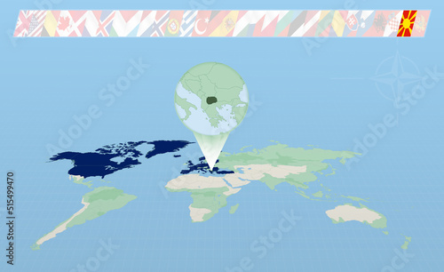 North Macedonia member of North Atlantic Alliance selected on perspective World Map. Flags of 30 members of alliance.
