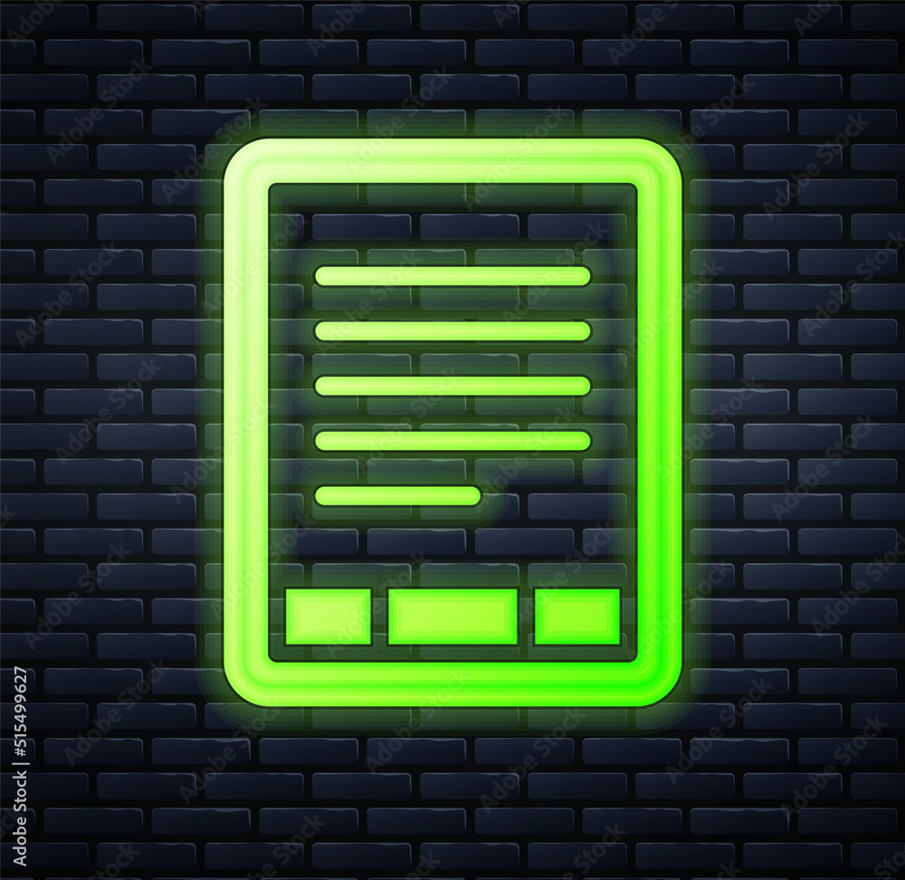 Glowing neon E-Book reader icon isolated on brick wall background. Vector Glowing neon E-Book reader icon isolated on brick wall background. Vector