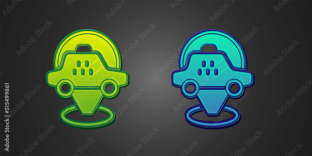 Green and blue Map pointer with taxi car icon isolated on black background. Location symbol. Vector Green and blue Map pointer with taxi car icon isolated on black background. Location symbol. Vector