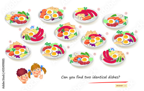 Logic puzzle game for children and adults. Can you find two identical dishes? Page for kids brain teaser book. Task for attentiveness. Sea life. IQ test. Play online. Vector cartoon illustration.