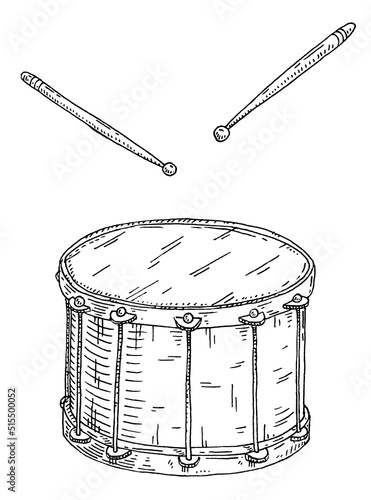 Drum with sticks. Vintage black engraving illustration