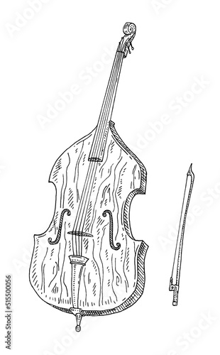 Contrabass with bow. Vintage black engraving illustration