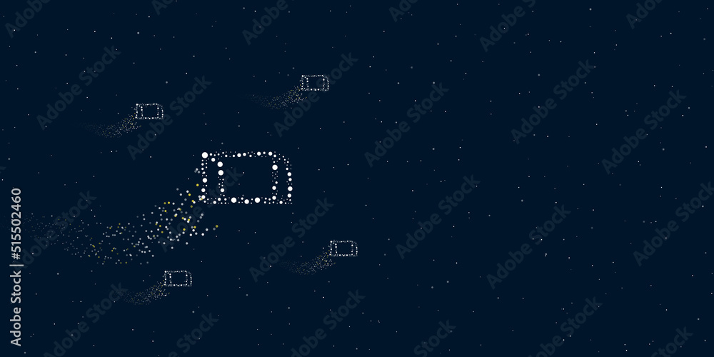 A football goal symbol filled with dots flies through the stars leaving a trail behind. There are four small symbols around. Vector illustration on dark blue background with stars