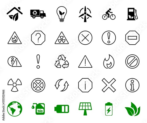 WARNINGS simple set of thin line vector icons. Contains icons such as warning, exclamation mark, reuse, warning sign and more. Editable stroke. Vector illustration