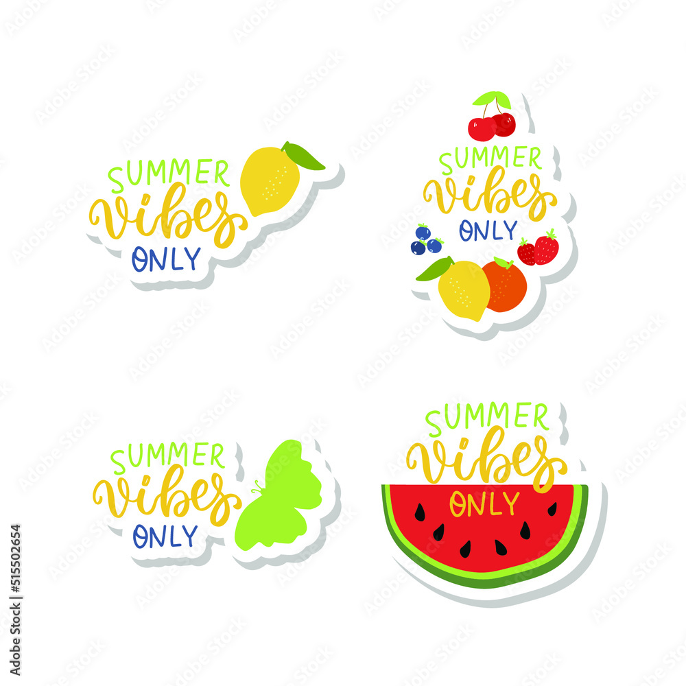 Summer vibes vector stickers set with watermelon, butterfly, citrus, berries. Hand lettering summer beach vacation quotes set.